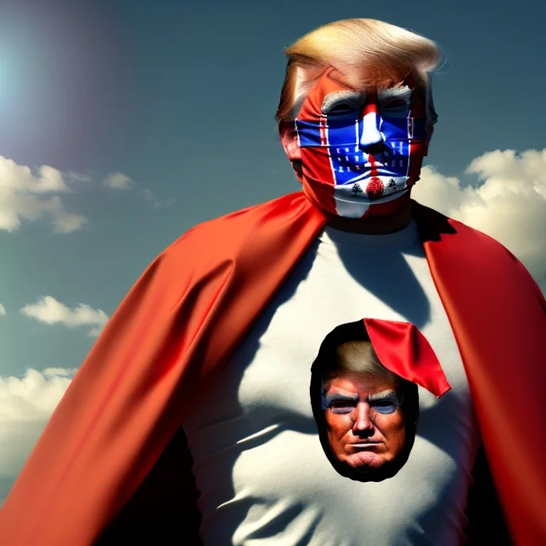 realistic image of donald trump as a mexican wrestling fighter posing outdoors, Mexican eyes wrestling mask, red and blue breeches, confederate flag cape, retro style, 80s, vibrant color, highly detailed, sky background, concept art, unreal engine 5, god rays, ray tracing, RTX, lumen lighting, ultra detail, volumetric lighting, 3d, finely drawn, high definition, high resolution.