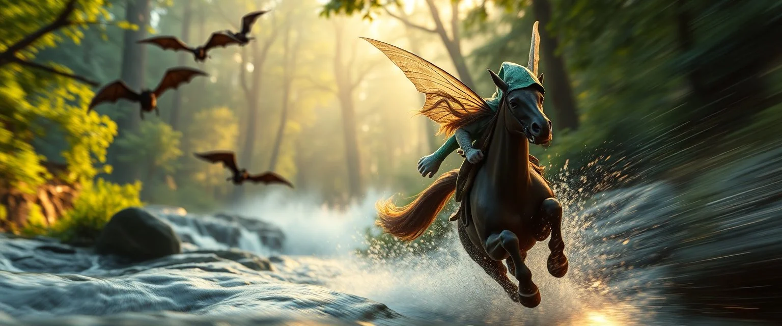 volumetric light, oil painting ,evening and motion blur running caped long haired pixie Quickling - Forgotten Realms dodging flying bats above water fall and along winding branches in lush green forest along speeding horses , bokeh like f/0.8, tilt-shift lens 8k, high detail, smooth render, down-light, unreal engine, prize winning
