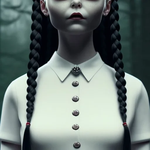 Wednesday Addams, Wednesday with braids standing with her arms crossed, dark, soft goth lip, hyper detail, octane render, unreal engine 5, photorealistic, 8k resulation