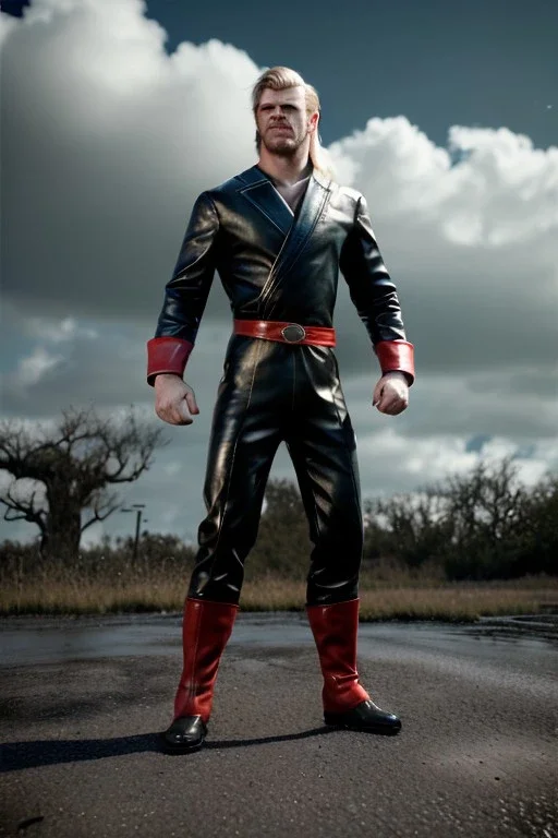 retro portrait image from 1960, sky background, wind, extra long blonde hair, fighting stance, young Chris Hemsworth, clean shave face, black dress, classic long tight lycra black suit, red cap, platinum lycra with scales on the arms, gold bracelet and belt, high boots, soft color, highly detailed, unreal engine 5, ray tracing, RTX, lumen lighting, ultra detail, volumetric lighting, 3d, finely drawn, high definition, high resolution.