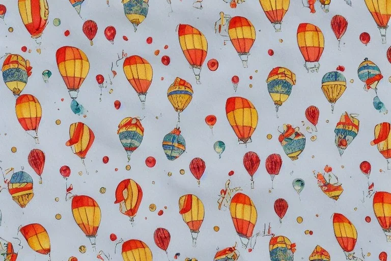 giftwrap pattern with watercolor of hot air balloons, children's book illustration, white parchment paper, wrapping paper, white linen, in the style of e. h. shepard, in the style of classic winnie the pooh