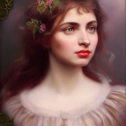 young Susanna Hoffs, beautiful, highly detailed face, meticulously detailed hair, ethereal fantasy hyperdetailed mist, maximalist matte painting; polished, realistic oil painting. Victorian era portrait painting, old fashioned, vintage, antique, beautiful, Unreal Engine, 16k