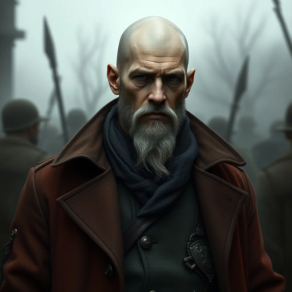 A bald greyskinned noble with a renaissance trenchcoat fantasy grimdark realistic