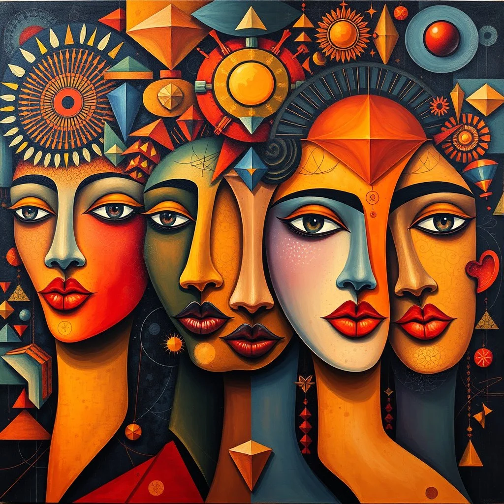 Large-scale oil painting, intricate stylized faces intermingling with geometric shapes, vibrant color palette, seamless canvas coverage, immersive gallery feel, no borders