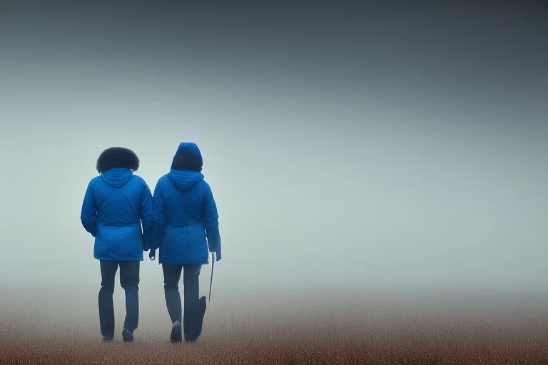 two people seen from behind walking side by side in an empty foggy plain with blue sky above