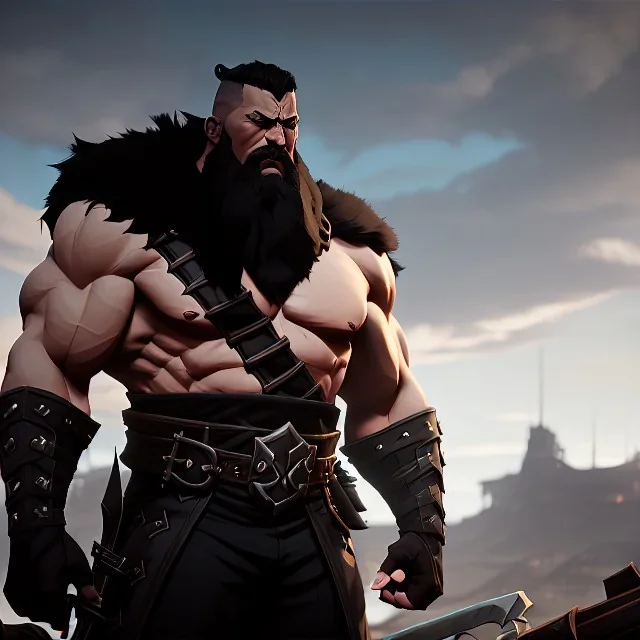 large muscular barbarion, heavy build, wearing fur pants, black fur boots, thick belt, long beard, shaved head, battle worn, stoic, large axe, open blue eyes, eyes are both in proportion, 3/4 look, standing, dark cobblestone alley, bright fire behind, intense, non-photorealistic rendering in the art style of j.scott campbell