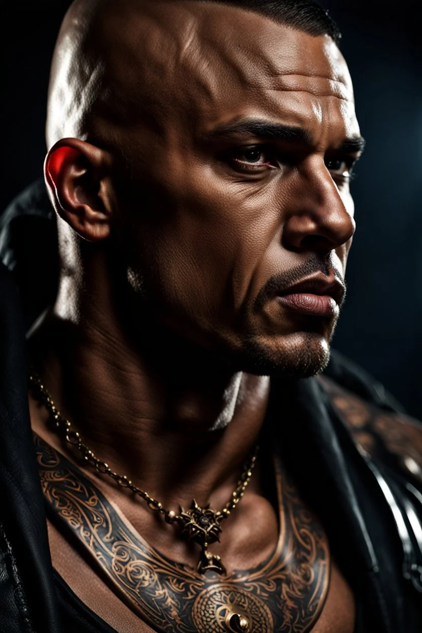 portrait of a 35 year old Handsome muscular mercenary with light bronze skin adorned with tattoos. dark fantasy. photorealistic