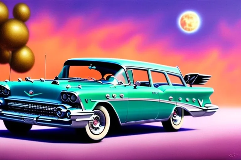 a true-to-life 1957 buick century caballero wagon, centered, intricate, extreme detailed, photorealism, center view, city background, pivot on buick, pen and color marker painting by cheryl kelley