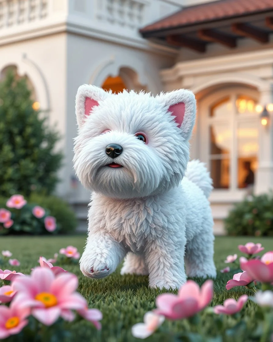 Generate image: Generate image: Generate image: A macro 3D render of a cute, lovely wooly dog ,made of see trough jelly. is landing in yard of a luxury villa next to flowers ,subsurface scattering and gelatinous texture . High-quality CGI, octane render, 8k resolution, whimsical, adorable, clean composition. long shot ,4:3