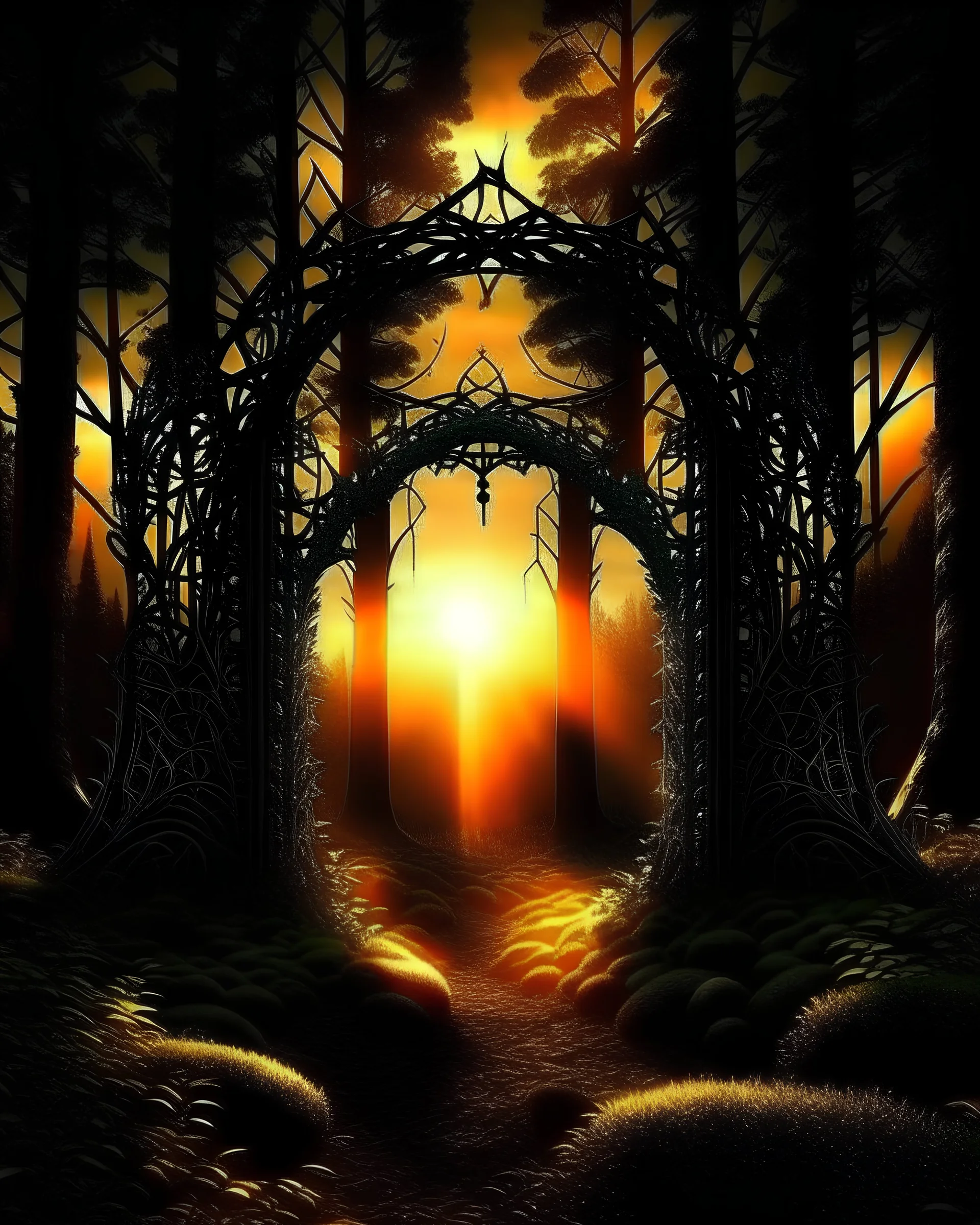 carton style ciemny las, portal do innego wymiaru, wschód słońca