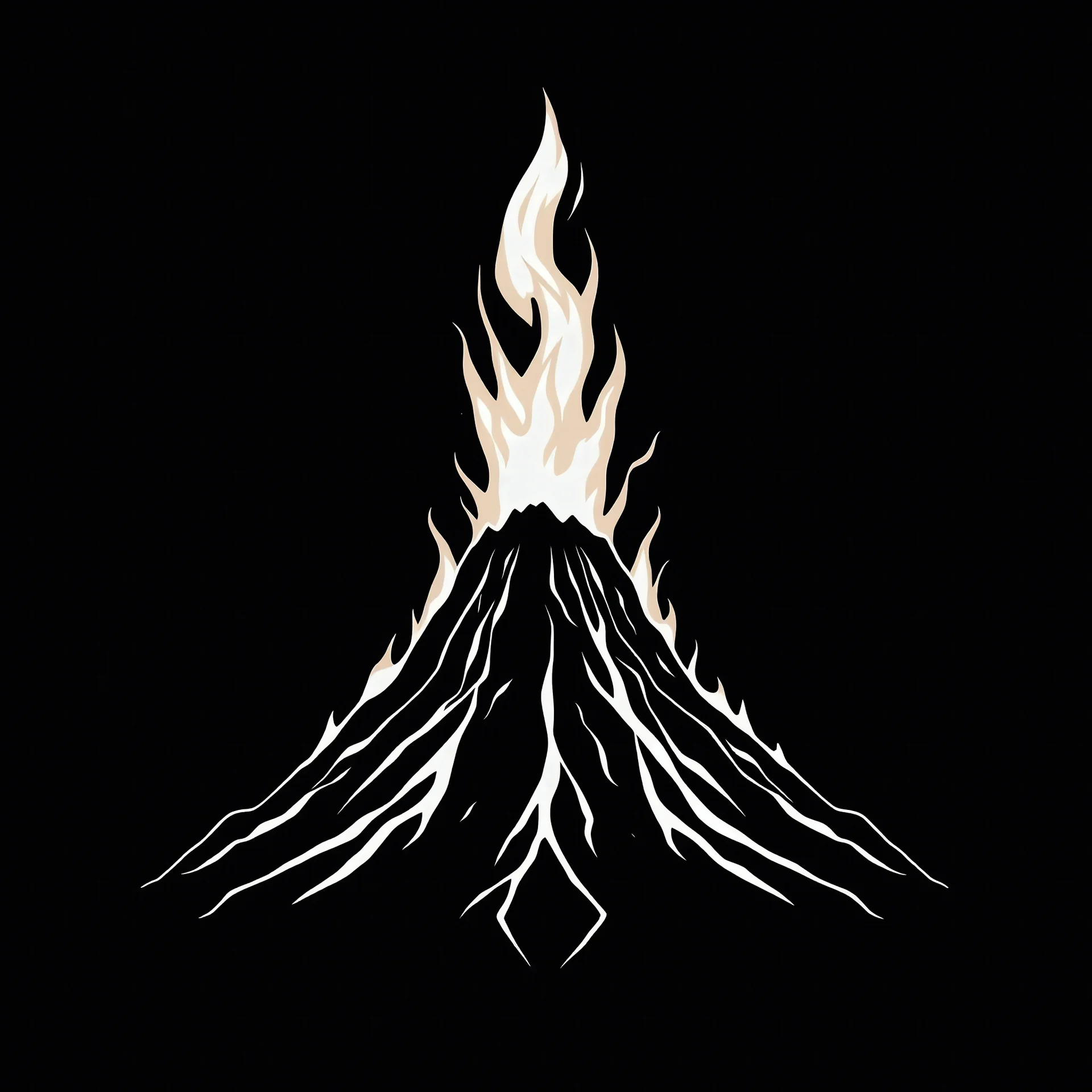 great high volcano on fire, symmetrical, minimalistic, on black background , black and white