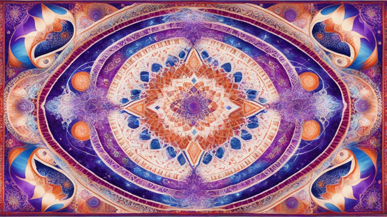 a beautiful rug with sacred geometry and cosmic colours