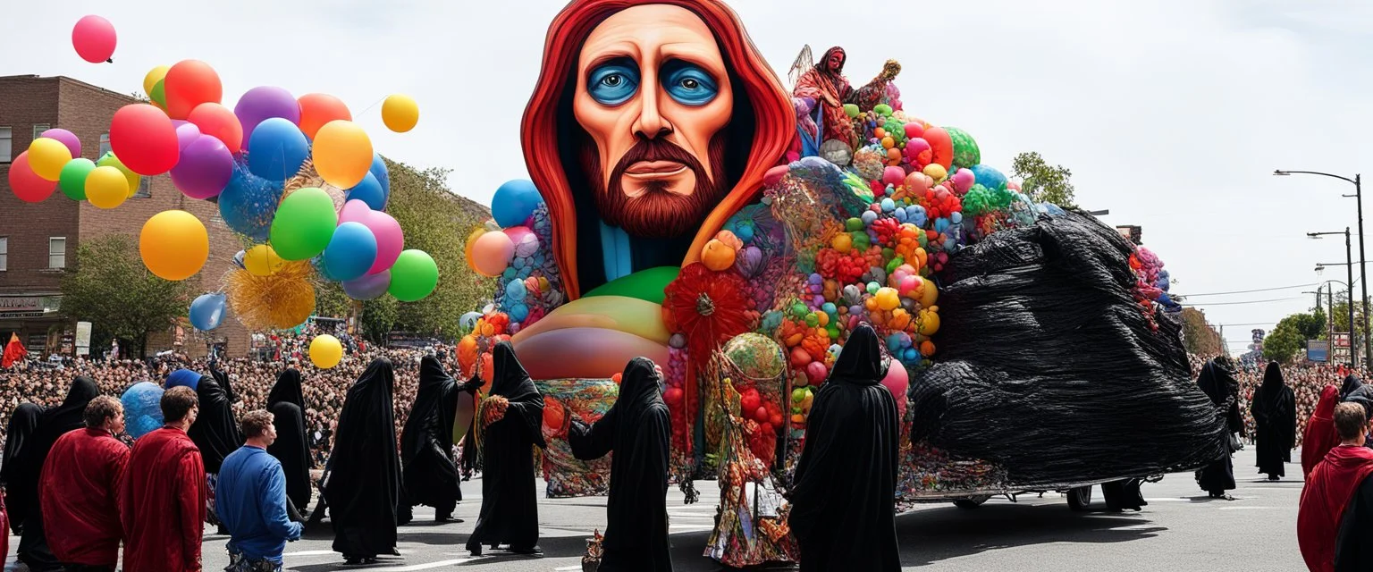 200 ft tall floating cartoonish jesus parade balloon pulled by multiple grim reapers, multi colored, bright, vivid, psychedelic, high detailed, high gloss, insanely detailed, matte, horrorcore, lining the street, unsettling contrast, monument to death, live action shot grim reaper parade, pulling a jesus parade float
