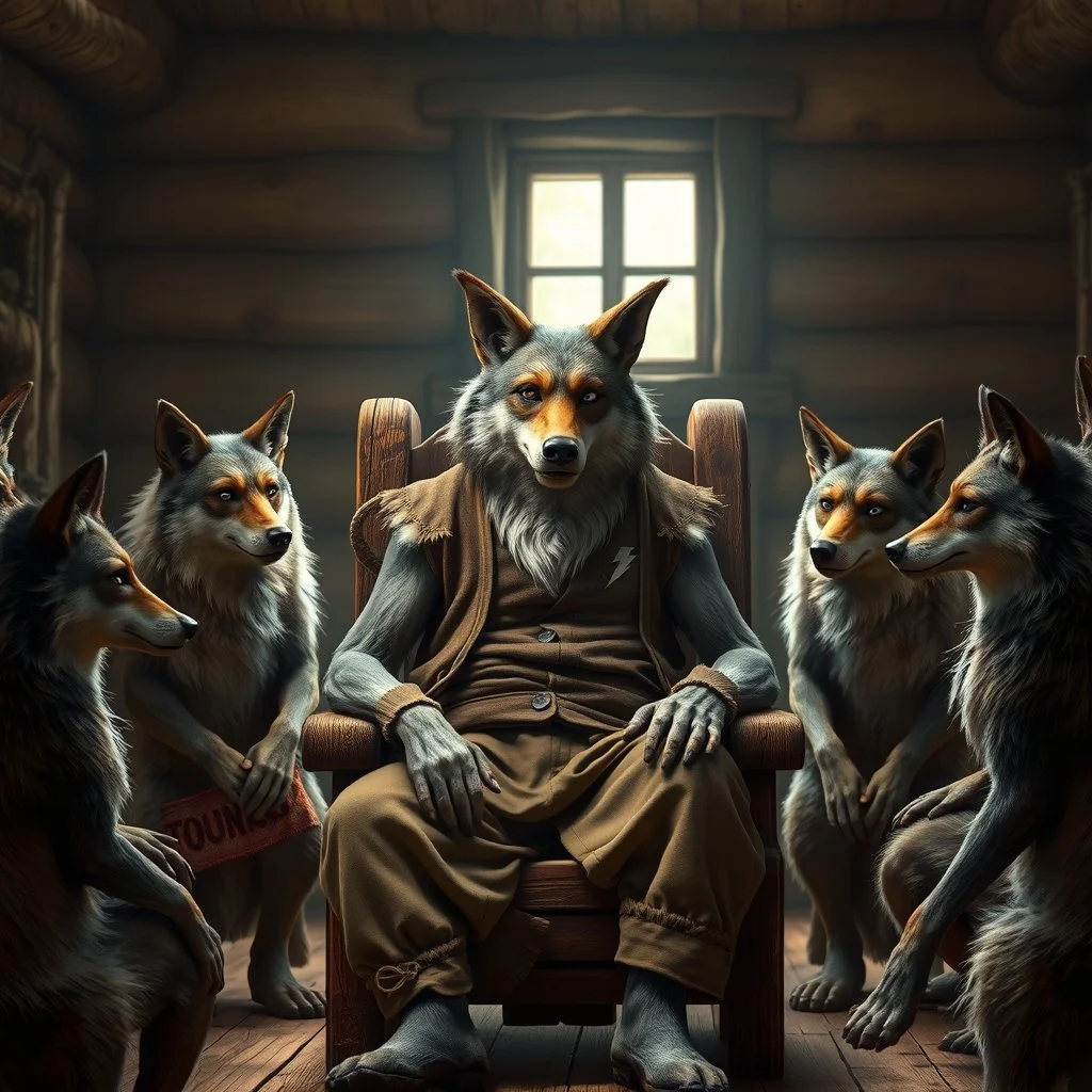 a very old anthropomorphic wolf in a brown vest with a lightning logo visible,old pants sitting on wooden schair surrounded by younger and older anthropomorphic wolves sitting on eart or stand around in villager cloths. the very old anthropomorphic wolf talks. Everybody gaze him. in the background big wooden room with little window, natural light. The characters exhibit a variety of expressions, realistic, high detailed, cinematic