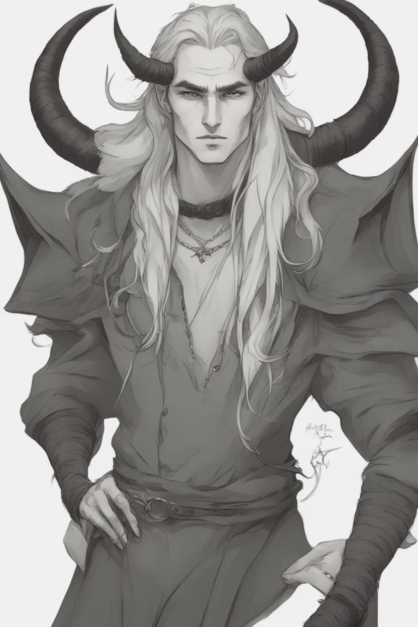 A dnd character portrait, a tiefling man with long hair and two long black horns that curve backwards, white eyes and pale skin. Handsome. Young.