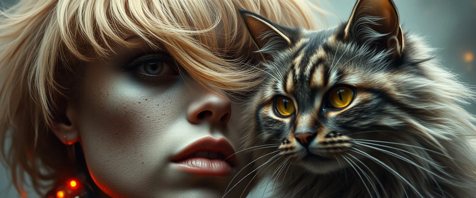high class realism, dented skin, victorian era, cyber punk, A really close up portrait of one person individually mutated with hairy wigs glowing, and a long haired cat that just came out of a violent twister