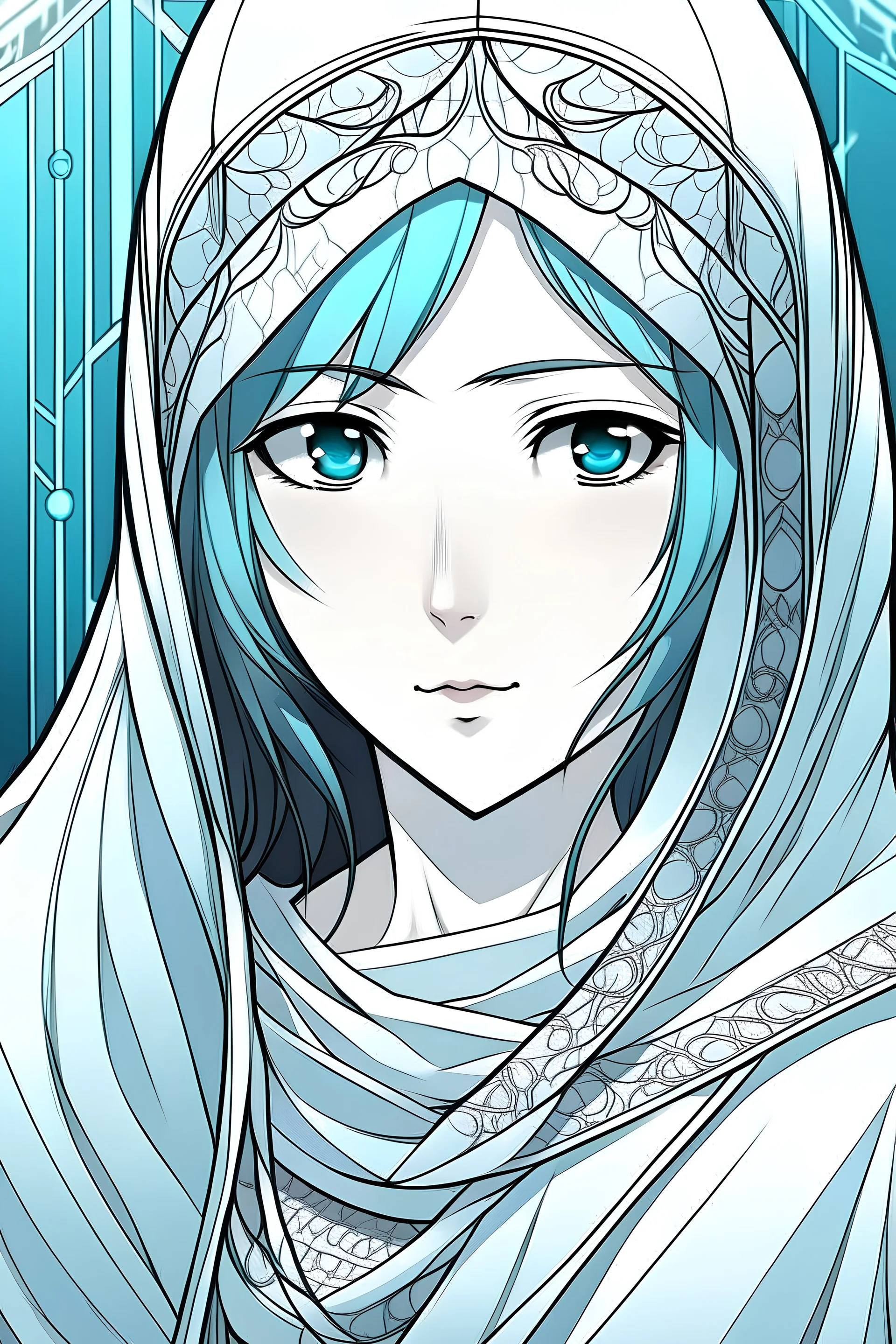 "Draw a manhwa character with artificial intelligence, having one eye covered with a veil and wearing traditional Arab clothes."