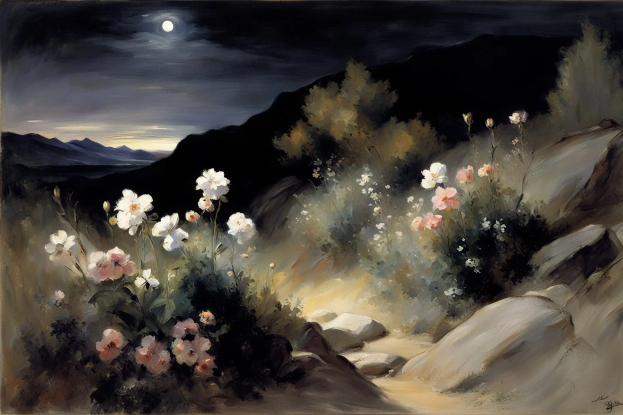 Landscape with night, mountains, flowers, rocks, john singer sargent paintings