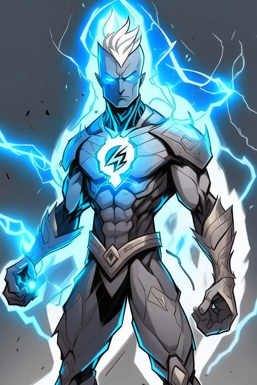 a drawing character that can control lighting and hes a superhero, hes kinda see through , and has a grey skin tone, and has a GYATT he has lightning surrounding him