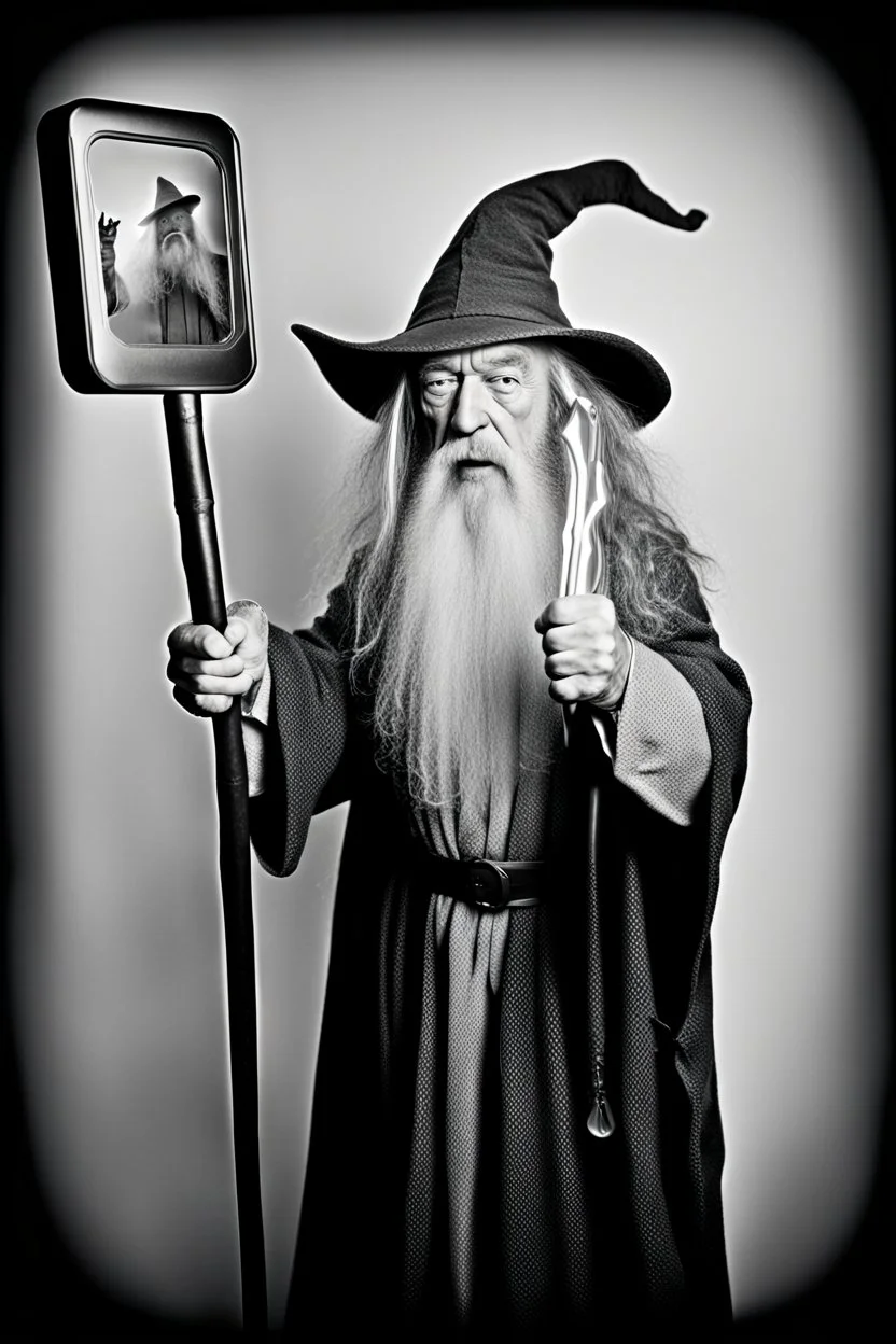 Gandalf with crowbar wand taking serie of BW photos inside photo booth.