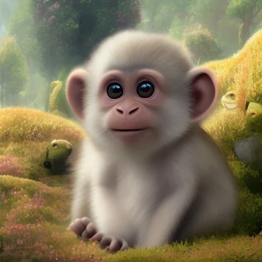 pixar art style of cute baby monkey in natural environment, monotone color, full body, by mobeius, au naturel, hyper detailed, digital art, trending in artstation, cinematic lighting, studio quality, smooth render, unreal engine 5 rendered, octane rendered, art style by klimt and nixeu and ian sprigger and wlop and krenz cushart