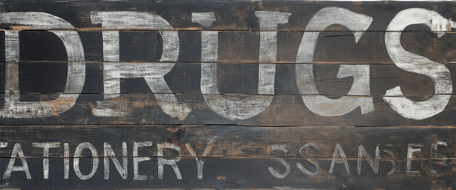 a hand painted sign on dark painted wood planks, first line says "DRUGS", second line (Smaller) says "STATIONERY T SANDERS", on a brown background