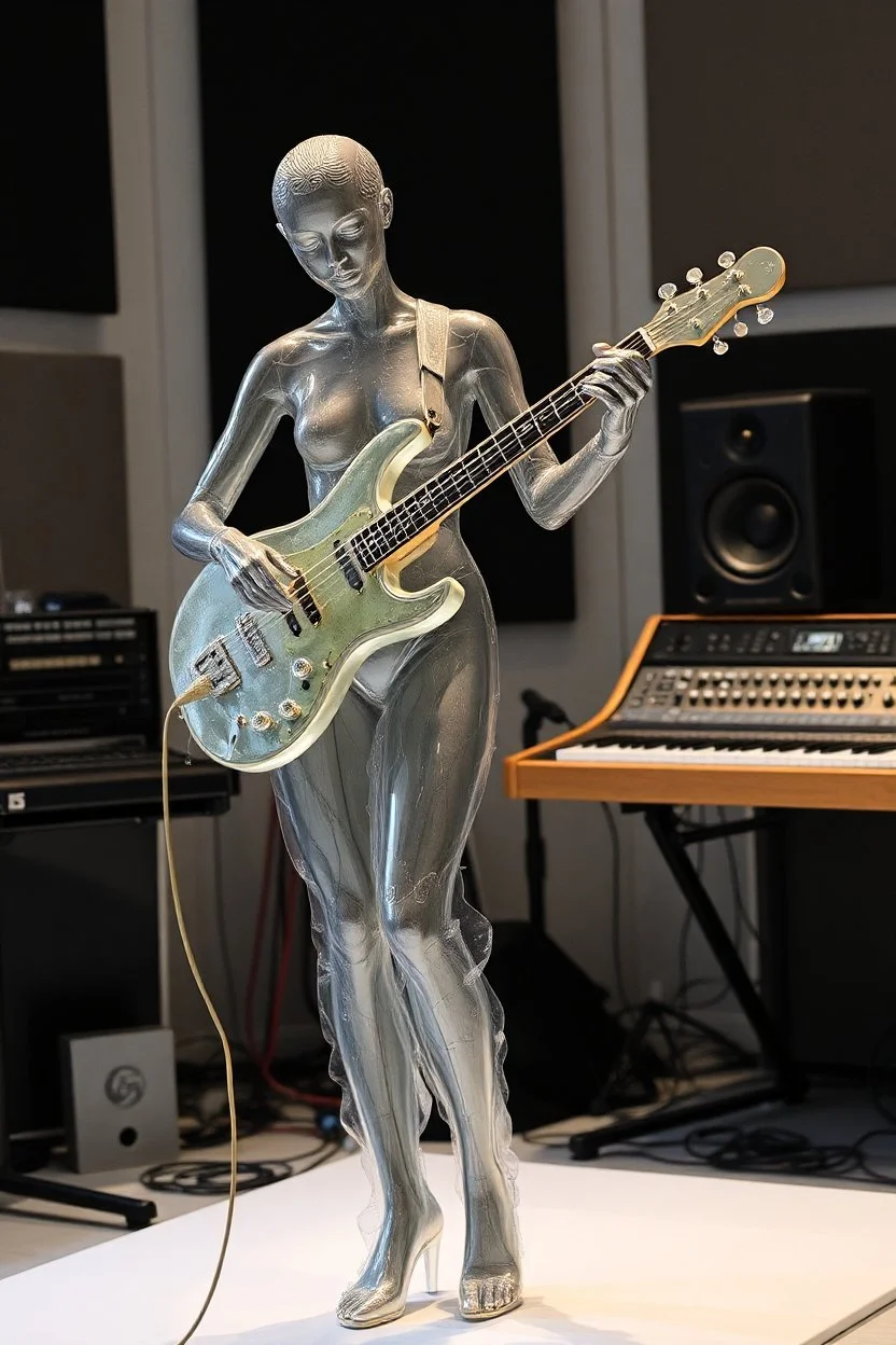 The whole body of Maniquí de glassy Artist mader playing the with a sound studio gears in the background