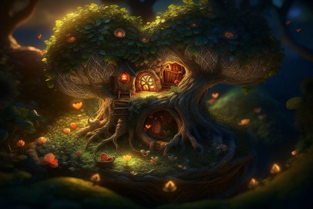 Loveheart-shaped_tree, fairies_living_freely_inside_the_tree's_heart, small _fairy_village_lit_by_fireflies, insanely_detailed, photorealistic, beautiful_light_and_shadows, peaceful, a_magical_fairytale Modifiers: Nikon D850 digital painting elegant dof extremely detailed Award winning photography fantasy studio lighting intricate 8k oil on canvas cinematic lighting photorealistic dynamic lighting award winning fantastic view close up hyperrealistic ultra detailed 4K 3D crisp quality Unreal Engi