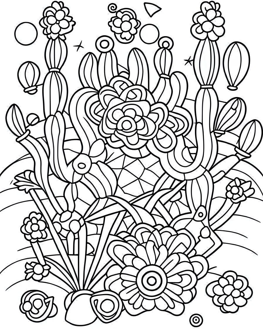 outline art for stoners coloring pages with A very simple and super minimal design featuring A psychedelic desert oasis with cacti shaped like giant buds, white background, sketch style, fully body, only use outline, cartoon style, clean line art, white background, no shadows and clear and well outlined