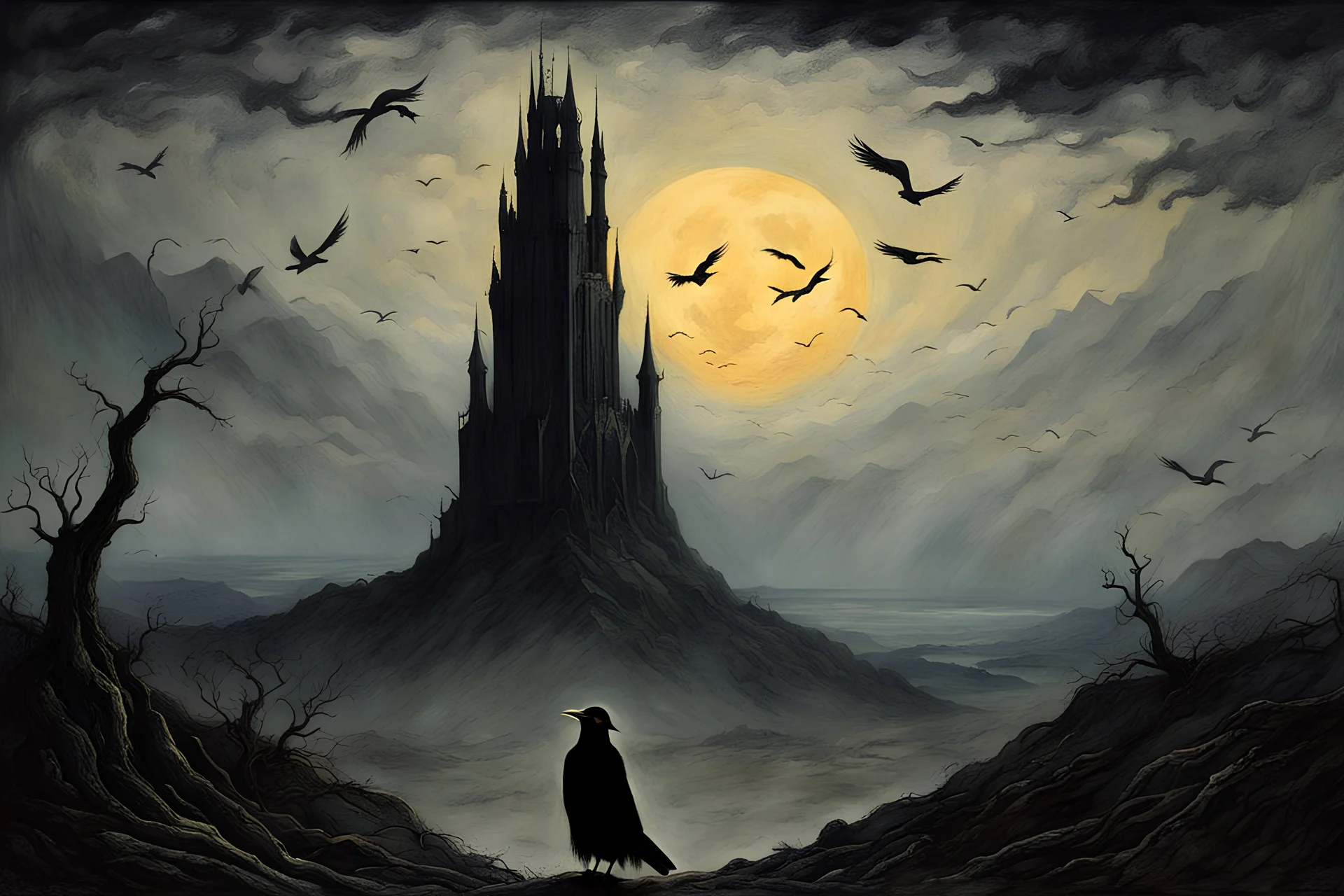 Sir Crow to the Dark Tower came, style Caspar David Friedrich