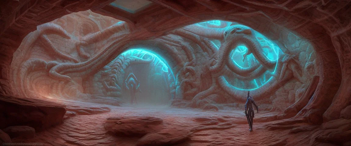 photorealistic strange paleozoic hydra 3-foot "dimensional portal made of subatomic particles" in a gigantic Neanderthal jeweled palace hyeroglyphs on the walls, thunderbolt storm