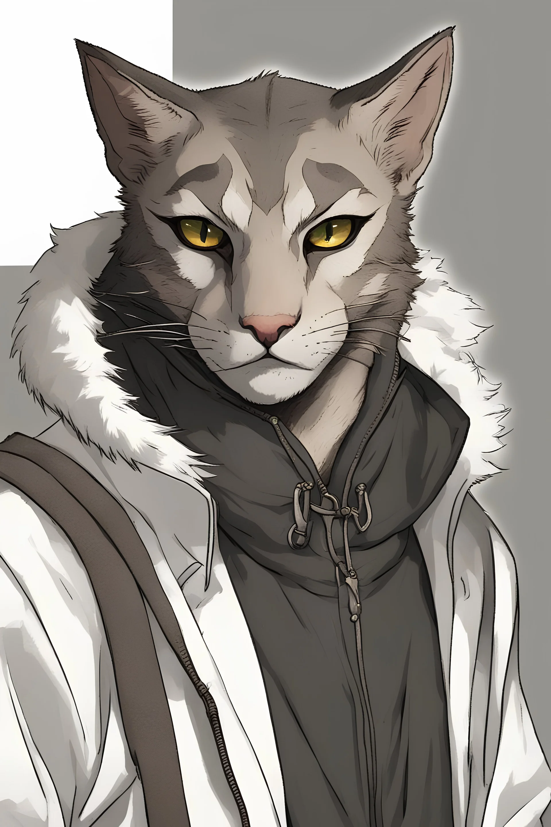 Male khajiit with grey fur and Hazel eyes wearing a black hoodie