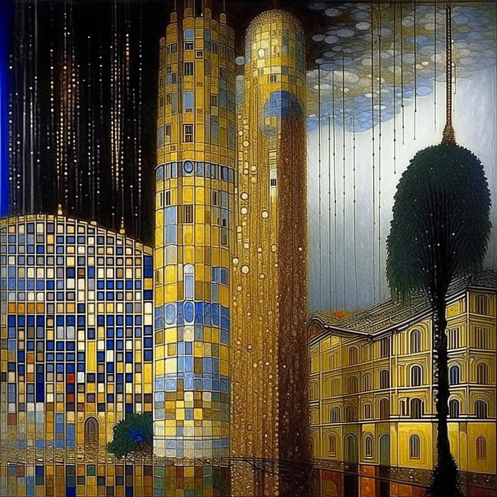 Silver towers with crackling lightning painted by Gustav Klimt