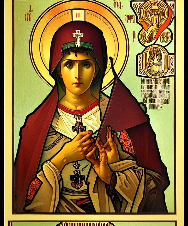 saint patron of photographers holding camera in hands. orthodox icon. Cyrillic inscriptions. hyperdetailed, Alphonse Mucha, poster, illustration, ink, oil on canvas, 18th century atlas