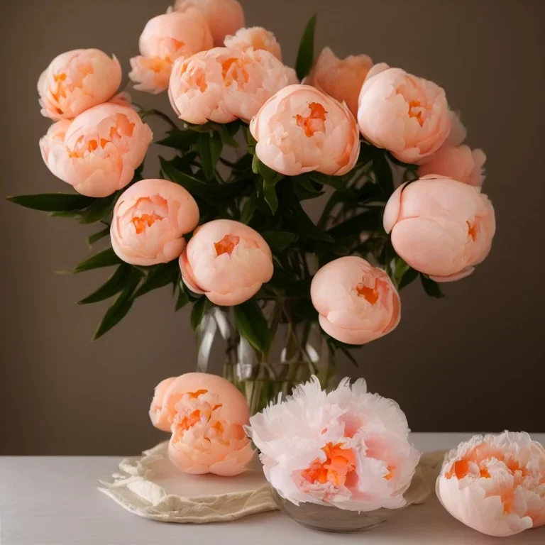 cinematic shot of peonies made from peach tulle in a glass bowl, warm lighting, soft lighting, sun light effects, linen, luxurious