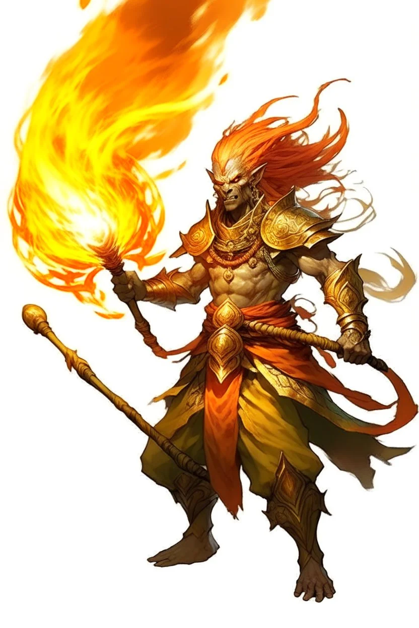 Air genasi from dnd with ashesen skin and asian flowing hair on head holding a Flaming spear in Monk attire with Fire giant symbolism