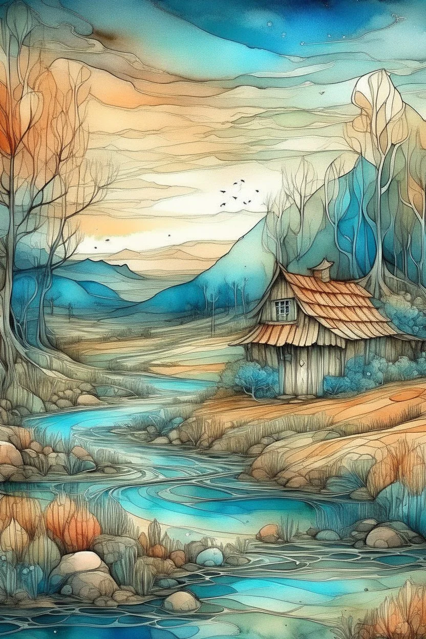 The place where the Dream and its followers live. Watercolor, fine drawing, beautiful landscape, pixel graphics, lots of details, pastel aqua colors, delicate sensuality, realistic, high quality, work of art, hyperdetalization, professional, filigree, hazy haze, hyperrealism, professional, transparent, delicate pastel tones, back lighting, contrast, fantastic, nature+space, Milky Way, fabulous, unreal, translucent, glowing