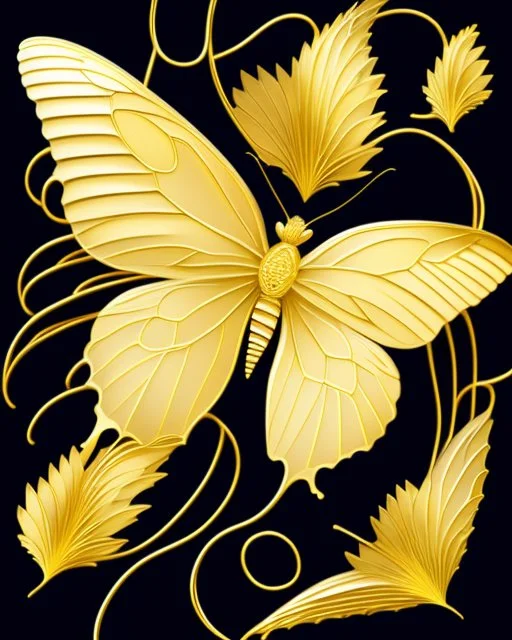 Mesmerizing minimalist illustration features an elegant, meticulously crafted golden butterfly. The simple yet sophisticated design contrasts sharply with a black background. The butterfly's wings exhibit a harmony that shows the artist's mastery in fusing typography and visual art. This striking piece radiates a sense of refined elegance and sophistication, captivating the viewer's attention with its subtle complexity.