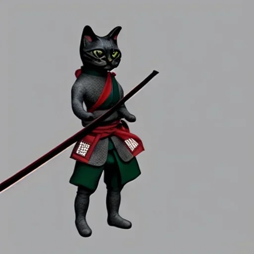 Un chat, anthropomorphique, habillé comme un samurai, portant un katana, très detaillé, réaliste, très détaillé, modélisme 3d, très précis.