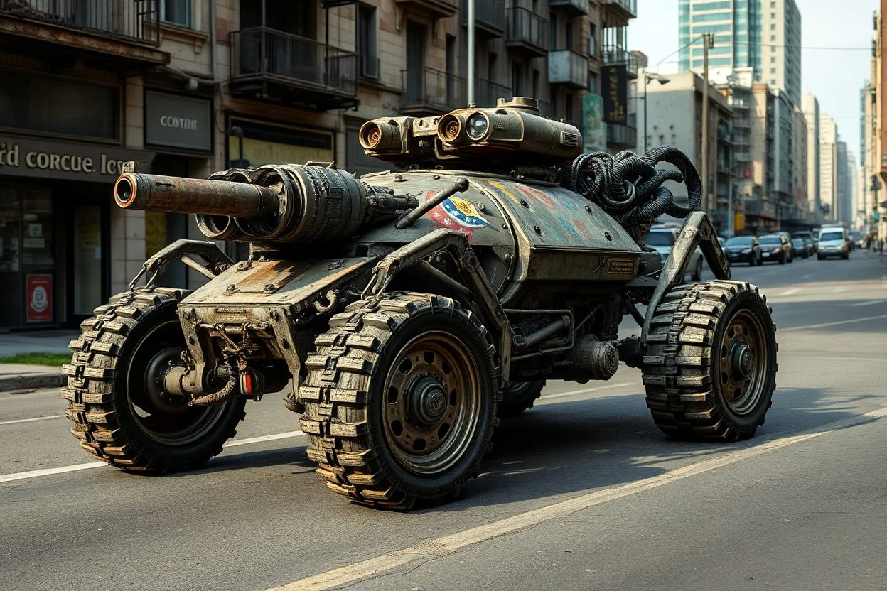 A scorpion-like, dobotic, battle-ready, worn-out tank car with large rims and tires, fully mechanical, on a street in post-apocalyptic cities.