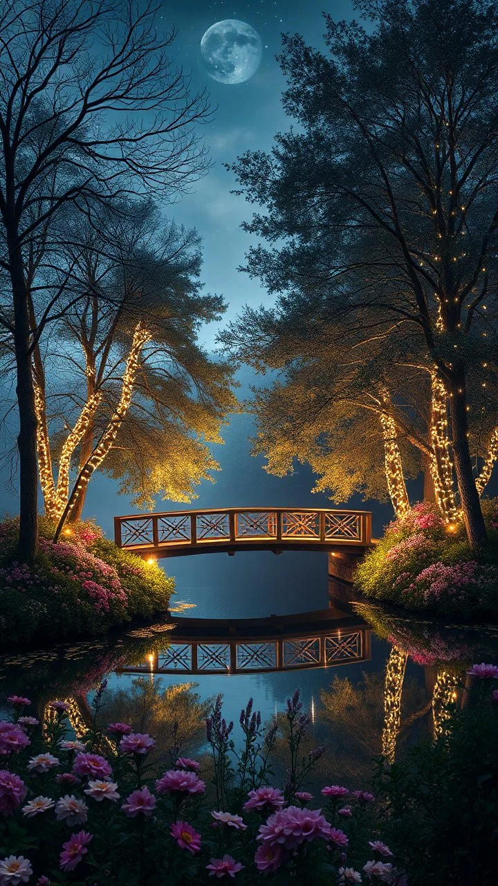 A bridge on the lakeb, trees, flowers, fairy lights, night, 8k, high quality, trending art, trending on artstation, sharp focus, studio photo, intricate details, highly detailed, by greg rutkowski