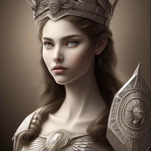 YamaOrce deviantart style Portrait of Greek Mythology Goddess Athena " with white elegant old greek apparel and Laurel crown.extremely detailed face, ,perfectly centered image,intricate detail.dark hair, sharp dark eyes, bright blue lighting, sarcastic smile, sharp focus hair. a Goddess of War trend on deviantart