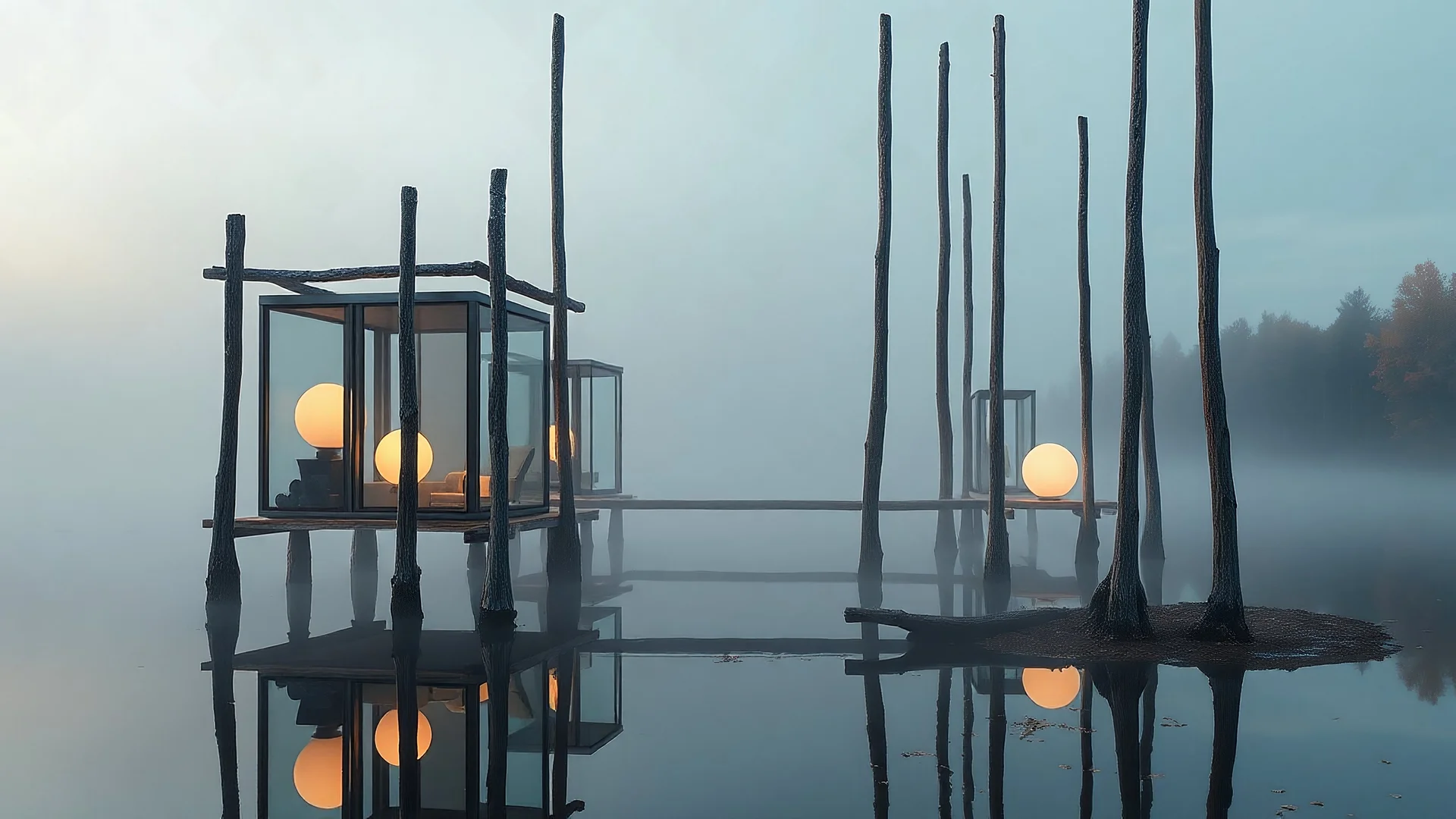 An architectural work on a misty lake at dawn, with vertical poles of weathered wood supporting inhabited cubicles encased in glass and glowing opalescent spheres, with autumn foliage reflecting in the water.