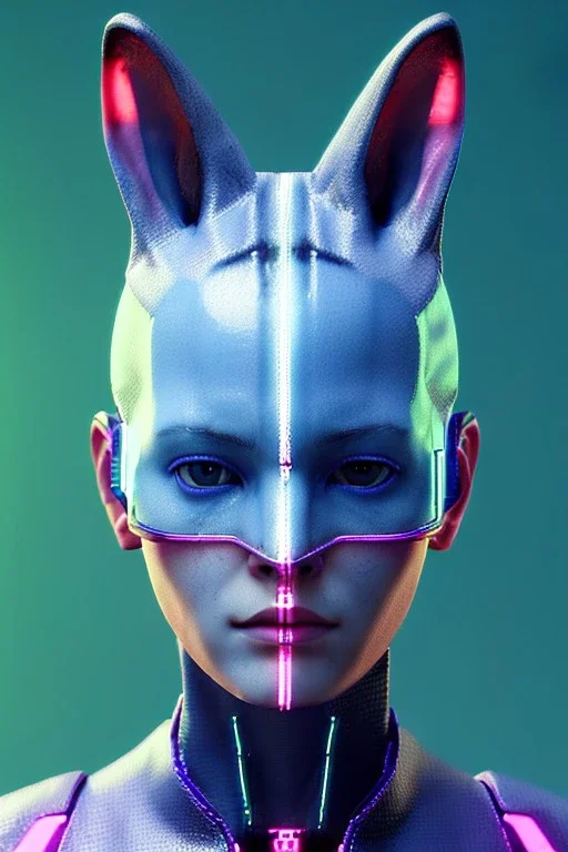 Medium Close Up Portrait, Front image. cyberpunk, rabbit mask, sweet woman, short hair. latex suit. Pink, silver, blue, color. Kenzo style. Color background, photo studio. highly detailed, concept art, smooth, unreal engine 5, ray tracing, RTX, lumen lighting, ultra detail, volumetric lighting, 3d, finely drawn, high definition, high resolution.