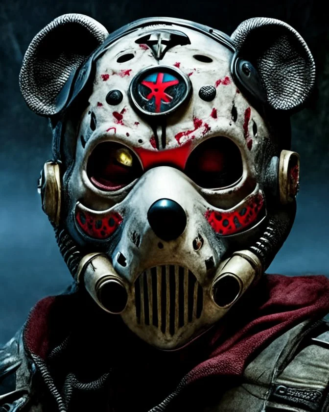 zombie mickey mouse hybrid, photorealism, movie screen capture, horror, sci-fi, retrofuturism, matching mickey mouse ears on mask