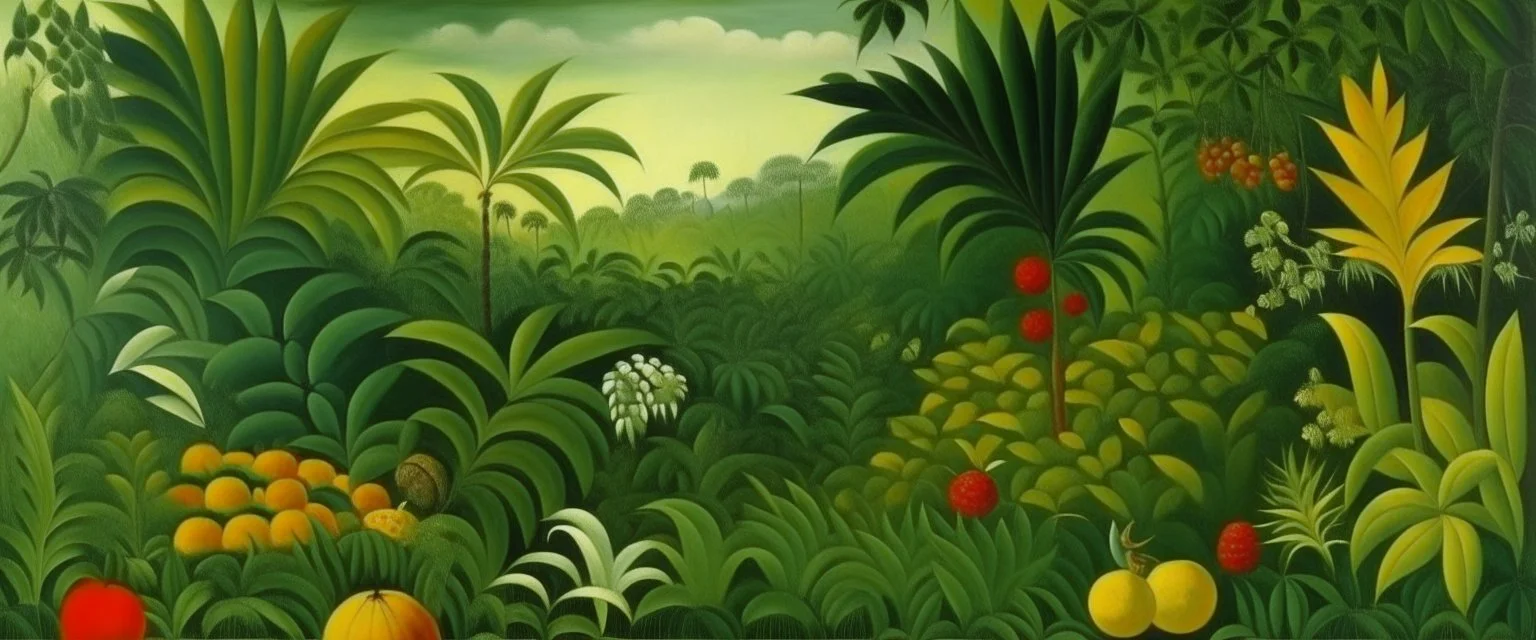 An olive green tropical jungle with fruit painted by Henri Rousseau