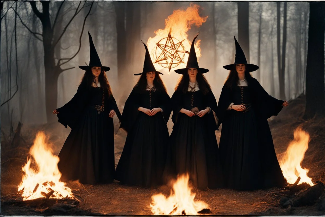 [very impressive high res masterpiece in Kodak Eastman 5247, scene by László Krasznahorkai] Three Witches from Macbeth surrounded by flames with a pentagram around them