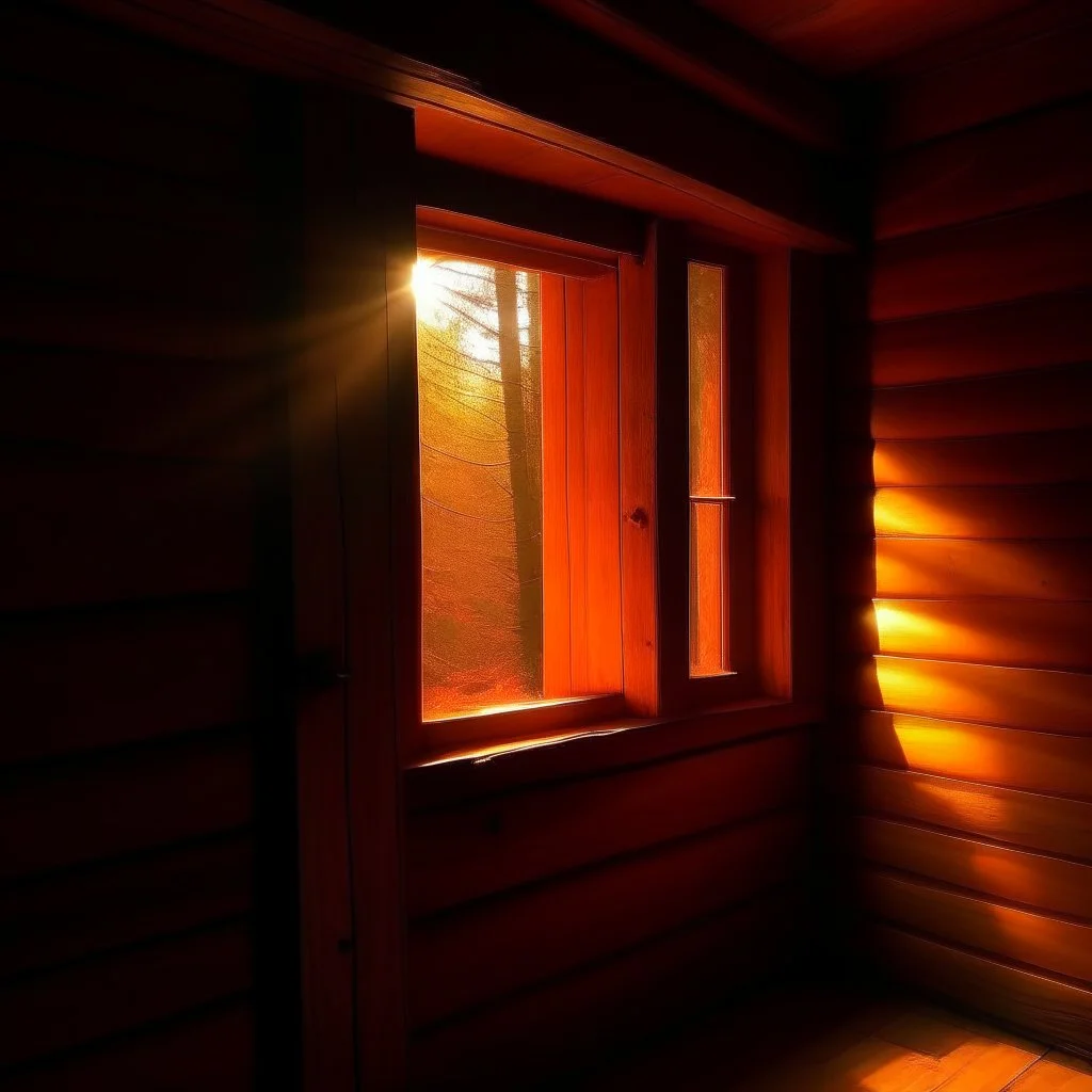 atmospheric deep orange light coming through a cabin window