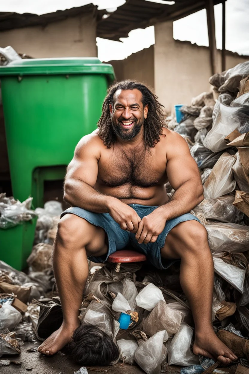 full figure shot photography of an angry dirty wet sweat strong hairy big short beefy burly ,39 years old ugly smiling marocan , big nose, bull neck, short beard, dreadlocks, shirtless, manly chest, big belly, bulging shorts, emotive eyes , sitted on a chair relaxed ,belly up ,open legs, on a pile of garbage, angry eyes, big shoulders, side light, top view, aerial view