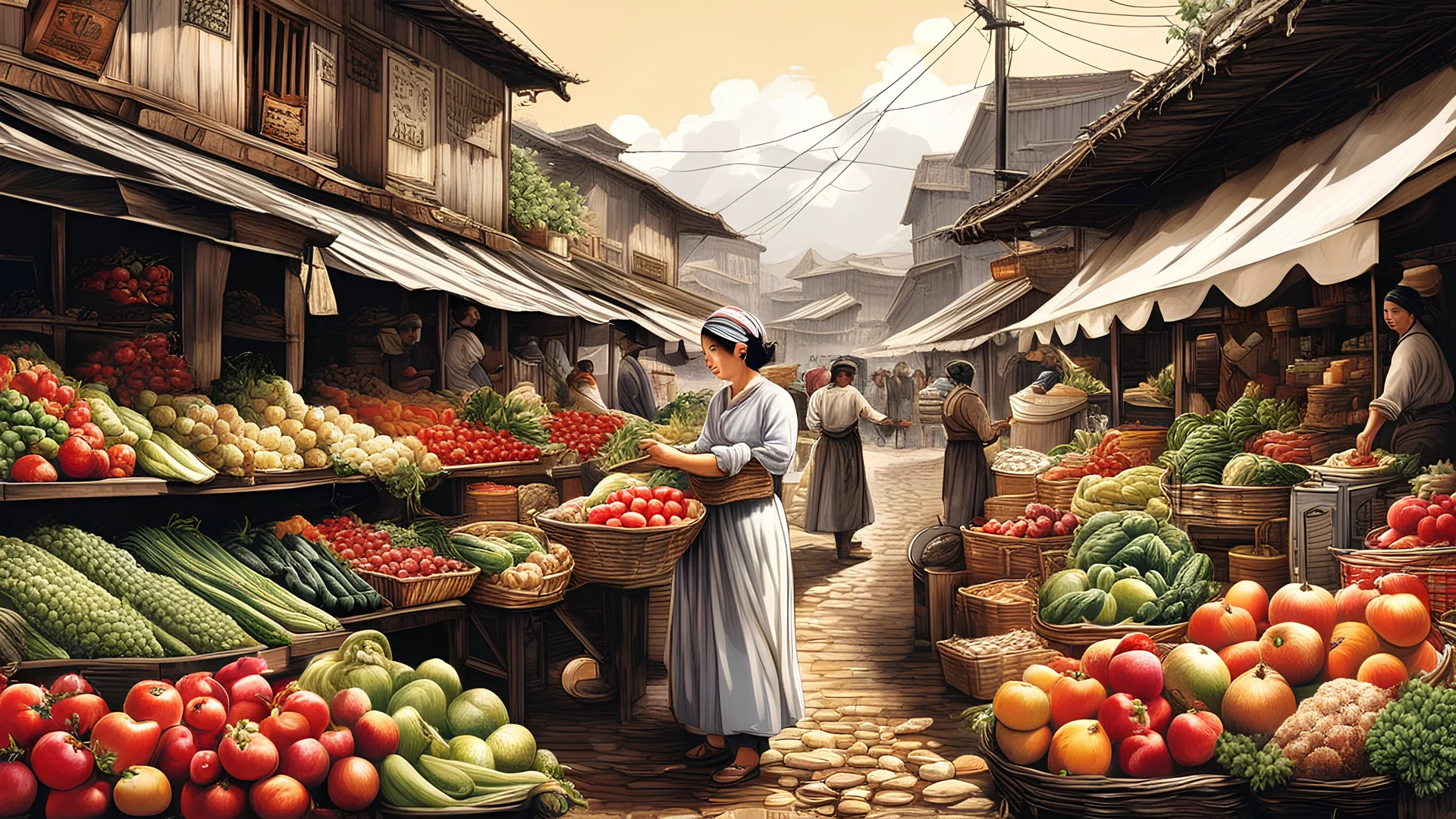 a scene of a farmer's wife managing a bustling marketplace, selling fresh produce and goods, high quality detail, ((intricate detail)), complex illustration, high contrast, intricate background detail masterpiece, best quality,